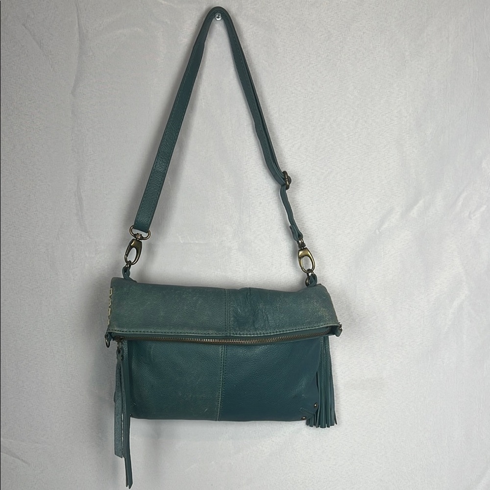 Lucky Brand Teal Leather Foldover Crossbody Hobo Bag Boho Fringe Distressed